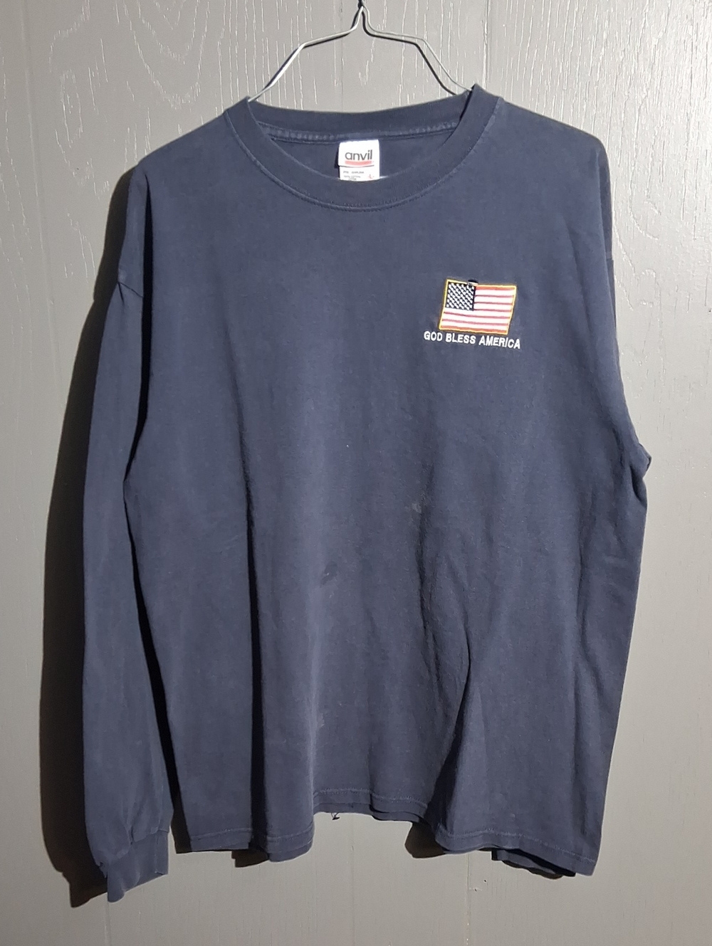 Anvil Navy Long-Sleeve Tee with Embroidered Flag
